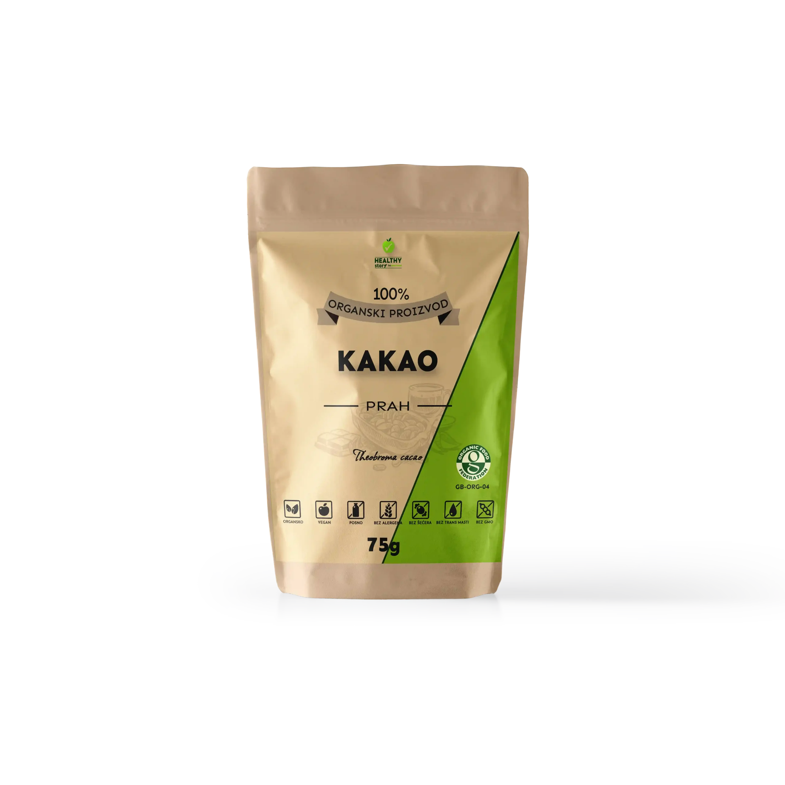 Pakovanje organski sirovi kakao prah Criollo 75g Zdrava Priča – 100% organski proizvod od zrna Theobroma cacao, vegan i bez GMO