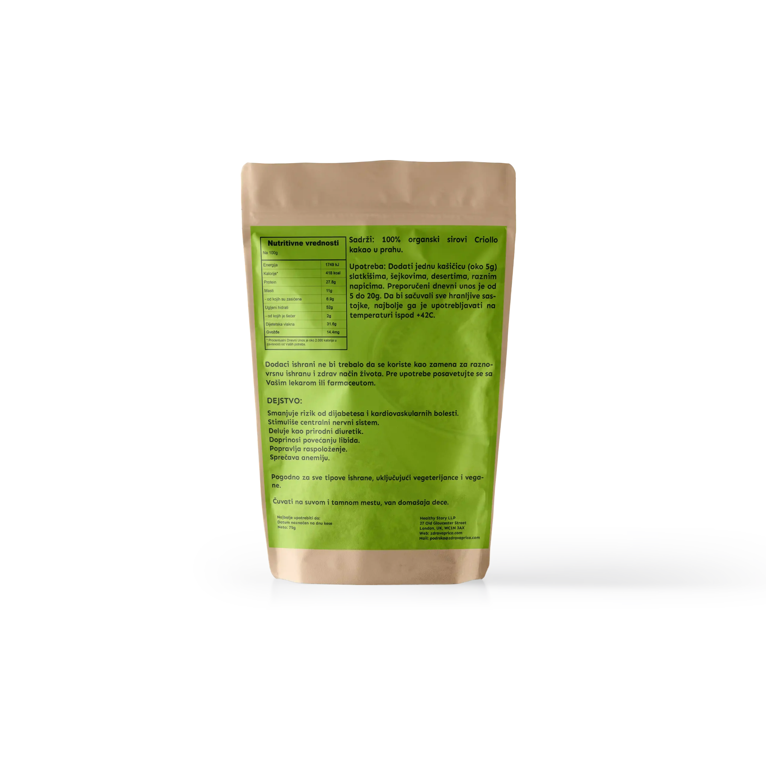 Zadnja etiketa organski sirovi kakao prah Criollo 75g Zdrava Priča – nutritivne vrednosti, preporučena doza 5-20g dnevno, benefiti za smanjenje rizika od dijabetesa, kardiovaskularno zdravlje i povećanje libida