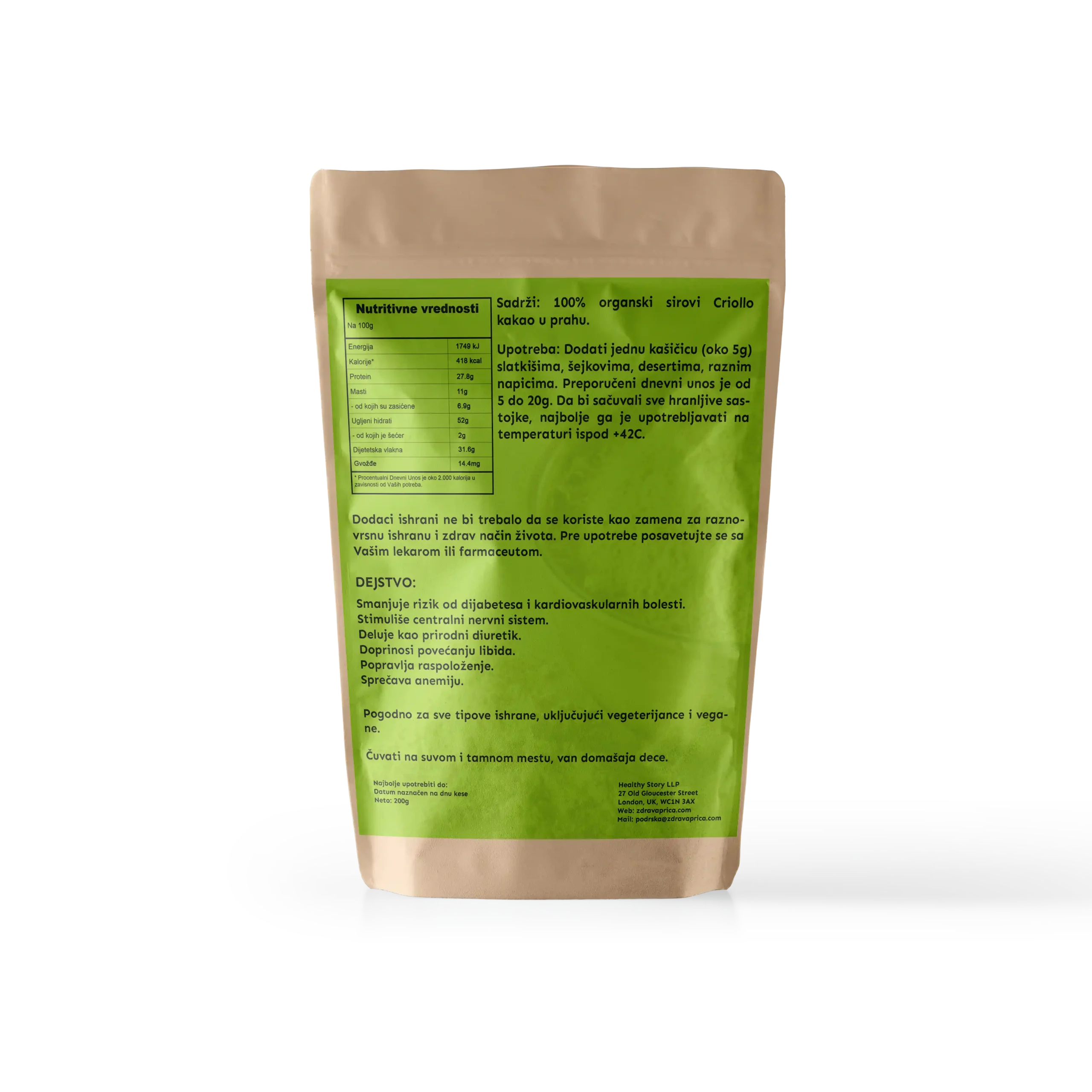 Zadnja etiketa organski sirovi kakao prah Criollo 200g Zdrava Priča – nutritivne vrednosti, preporučena doza 5-20g dnevno, benefiti za diuretik, sprečavanje anemije i poboljšanje raspoloženja