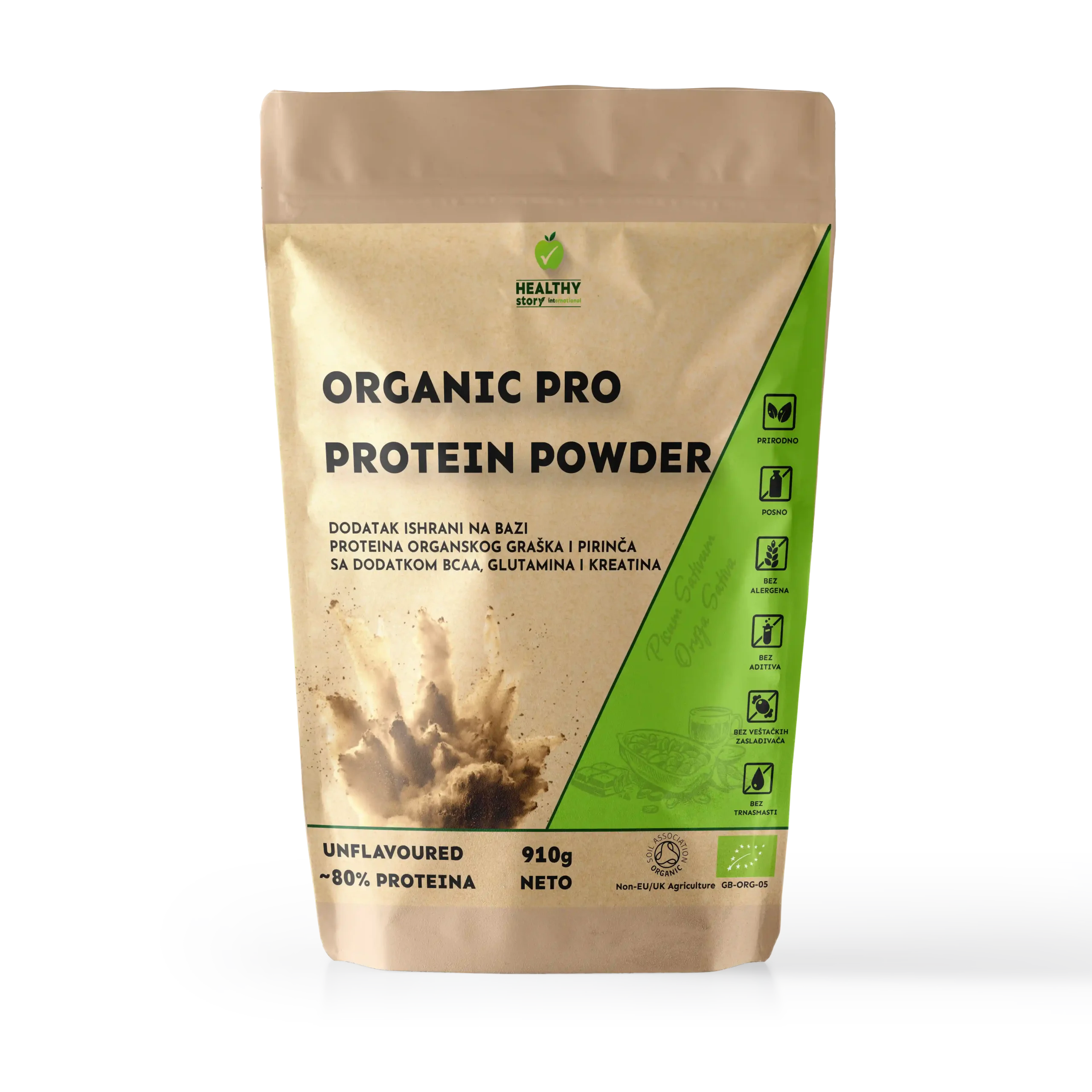 Pakovanje Organic Pro Protein Powder unflavoured 910g Zdrava Priča – organski biljni protein od graška i pirinča sa dodatkom BCAA, glutamina i kreatina, ~80% proteina, vegan i bez aditiva