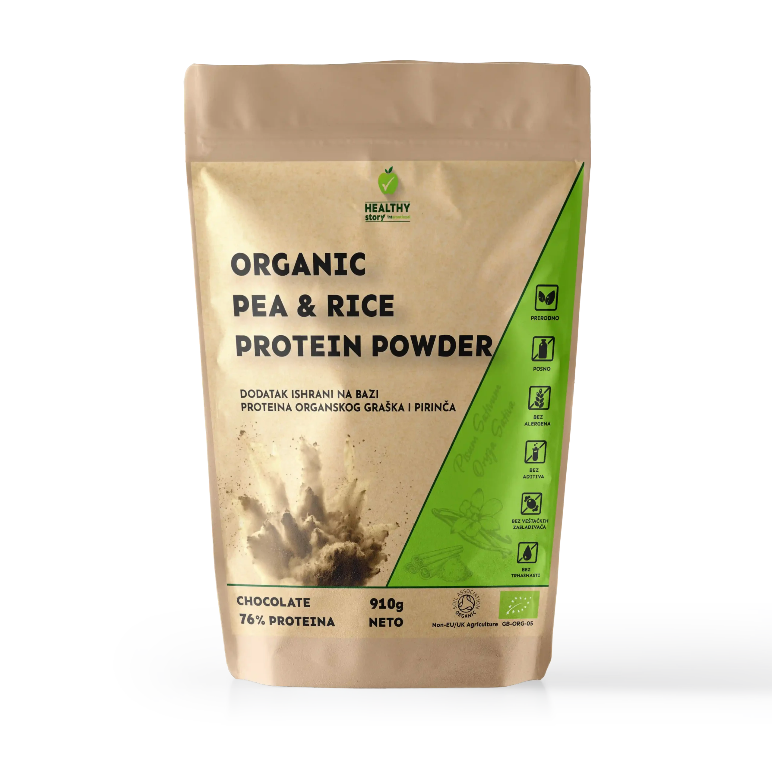 Pakovanje Organic Pea & Rice Protein Powder chocolate 910g Zdrava Priča – organski biljni protein od graška i pirinča sa prirodnim kakao prahom i aromom čokolade, 76% proteina, vegan i bez aditiva