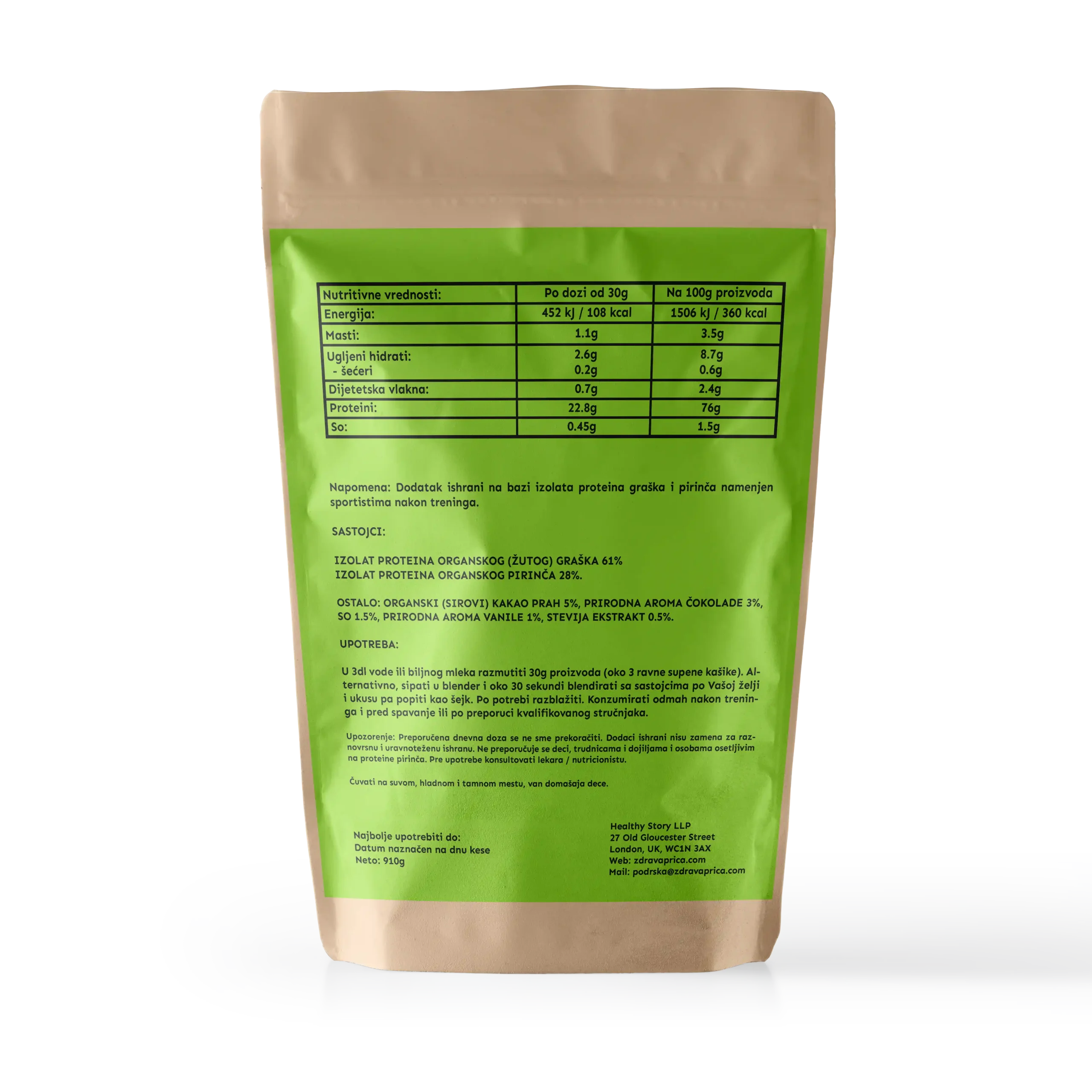 Zadnja etiketa Organic Pea & Rice Protein Powder chocolate 910g Zdrava Priča – nutritivne vrednosti sa 22,8g proteina po porciji od 30g, sastav: izolat proteina graška 61%, izolat proteina pirinča 28%, organski kakao prah 5%, prirodna aroma čokolade, stevija, vegan bez aditiva