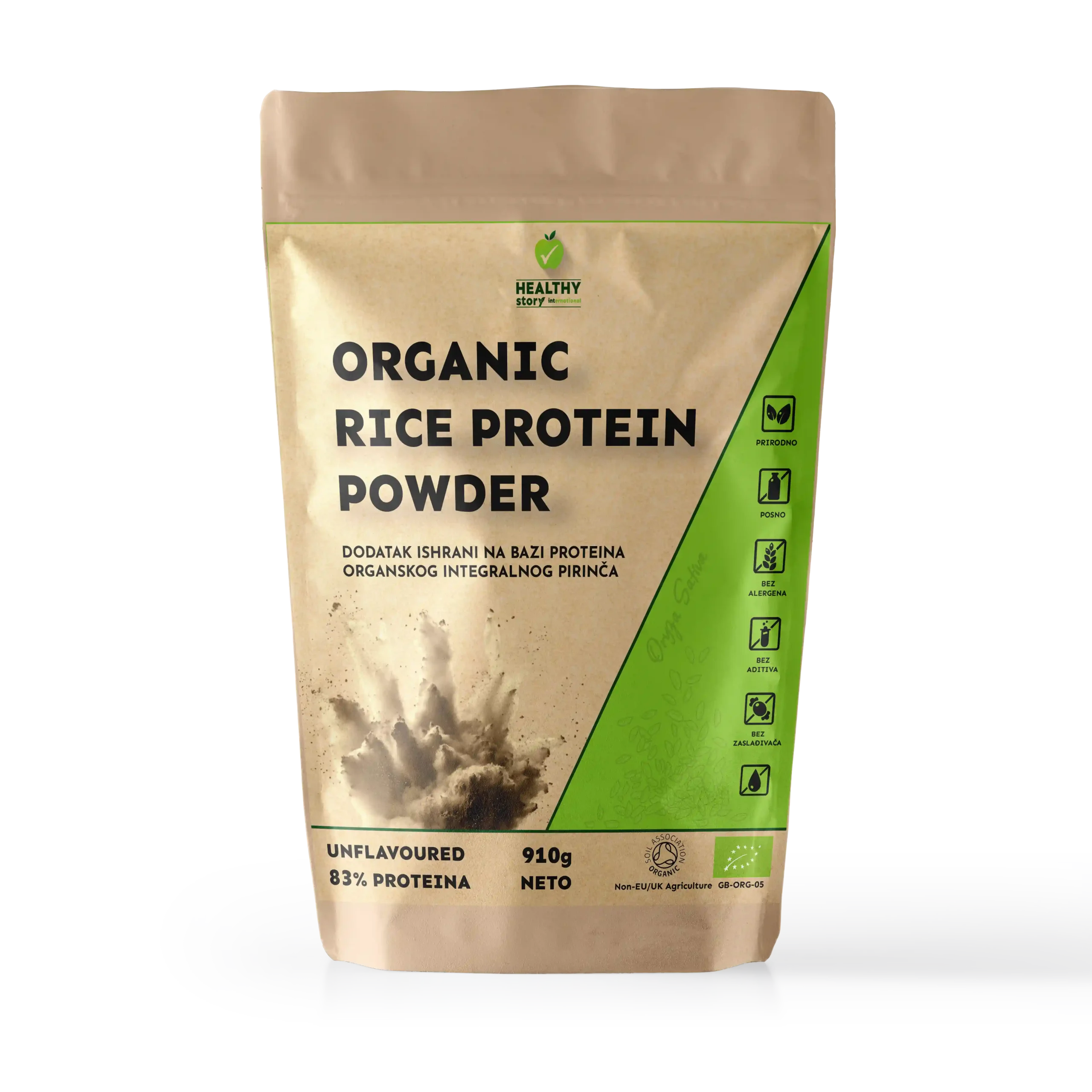 Pakovanje organski rice protein 910g Zdrava Priča – 83% biljni protein od integralnog pirinča, unflavoured, vegan i bez GMO