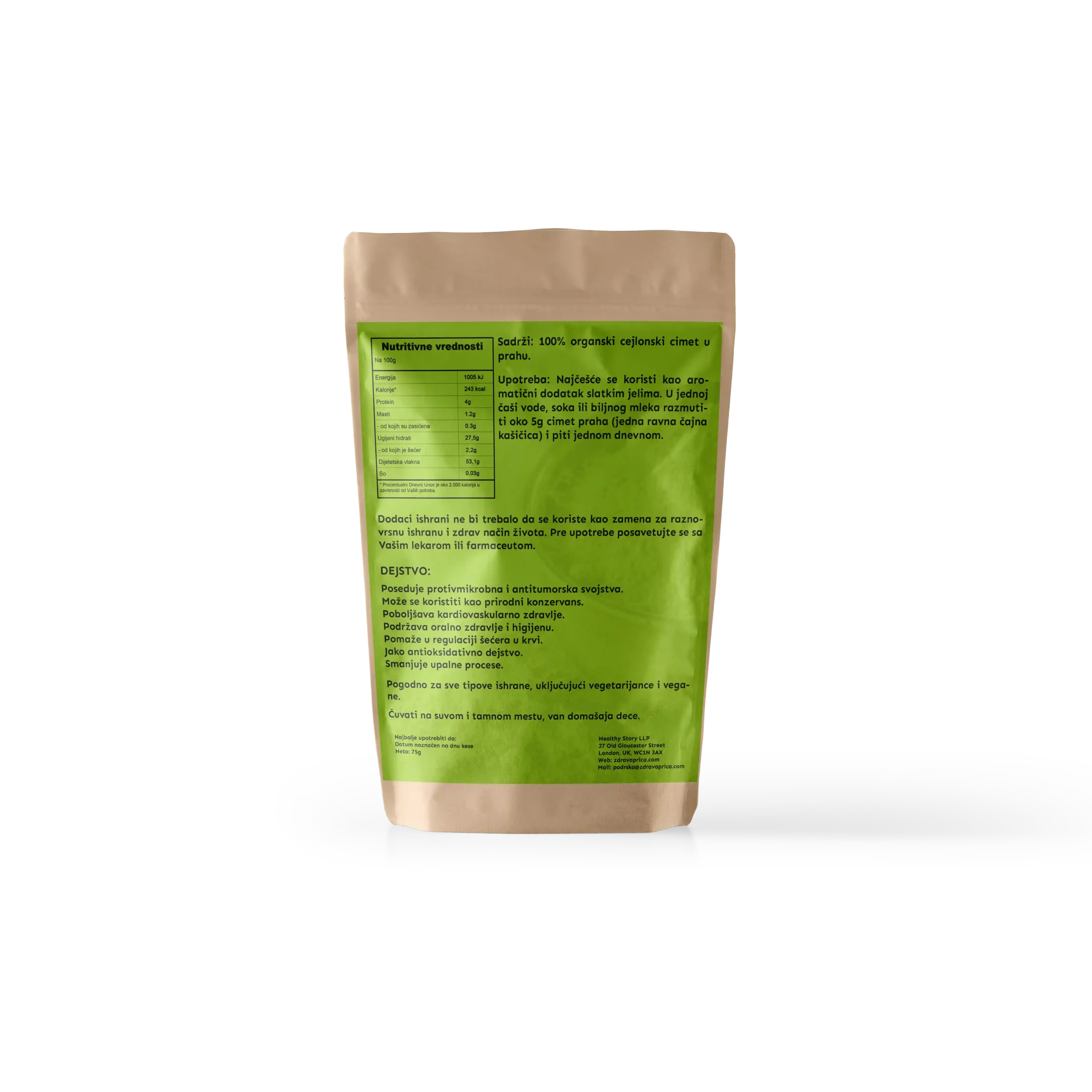 Zadnja etiketa organski cejlonski cimet prah 75g Zdrava Priča – nutritivne vrednosti, preporučena doza 5g dnevno, benefiti za kardiovaskularno zdravlje, oralnu higijenu i regulaciju šećera u krvi