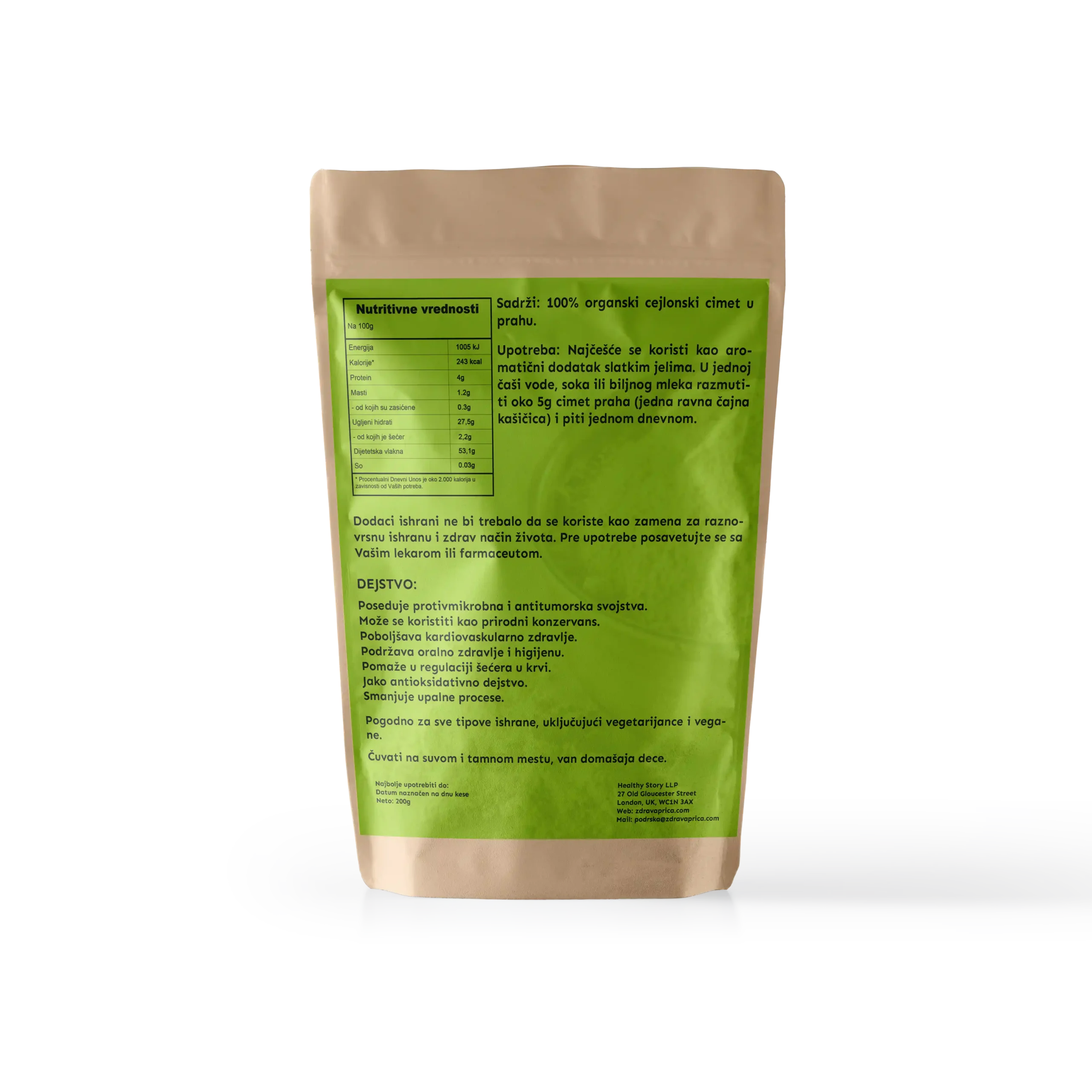 Zadnja etiketa organski cejlonski cimet prah 200g Zdrava Priča – nutritivne vrednosti, preporučena doza 5g dnevno, benefiti za antimikrobno dejstvo, kardiovaskularno zdravlje i antioksidativnu zaštitu