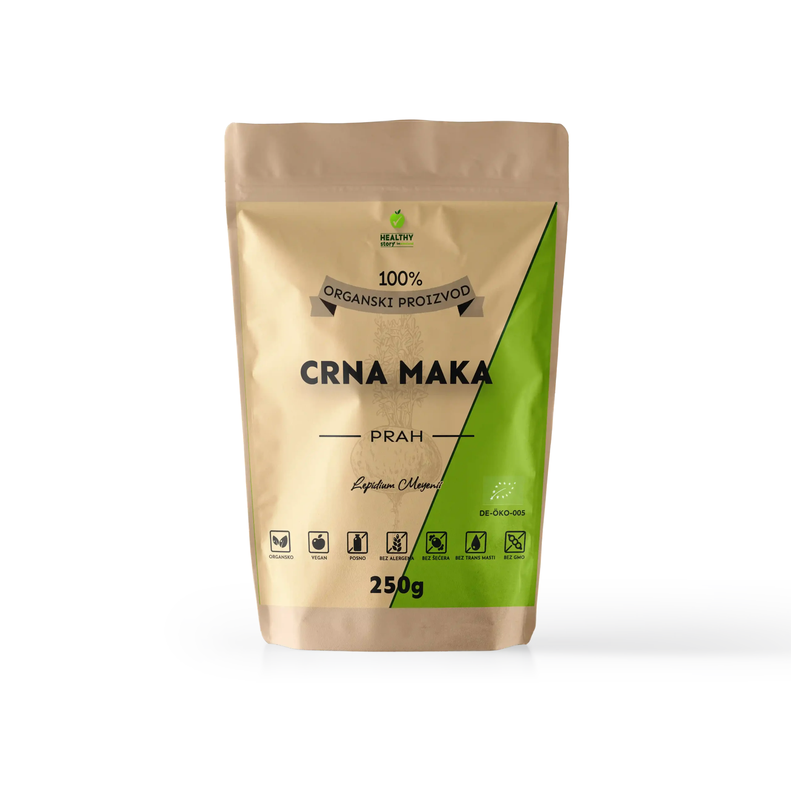 Pakovanje organski crna maka prah 250g Zdrava Priča – 100% organski peruanski koren Lepidium meyenii, vegan i bez GMO