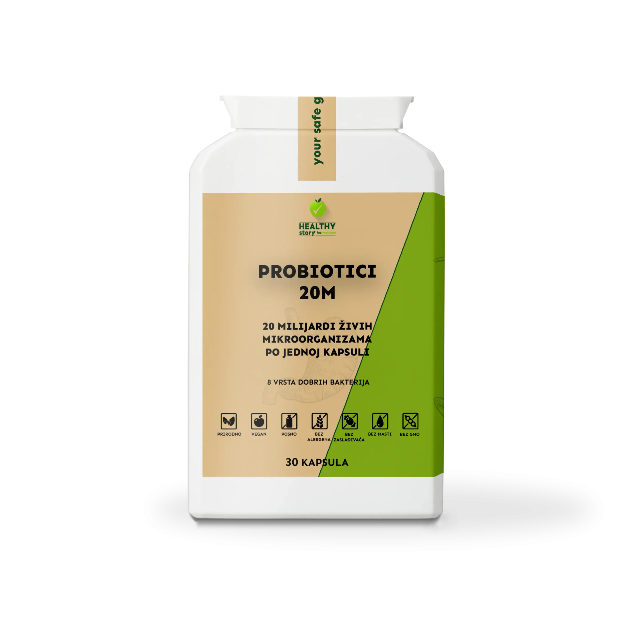 Pakovanje Probiotici 20M 30 kapsula Zdrava Priča – 20 milijardi živih probiotskih mikroorganizama po kapsuli, 8 sojeva dobrih bakterija za intenzivnu obnovu crevne flore, vegan i bez GMO
