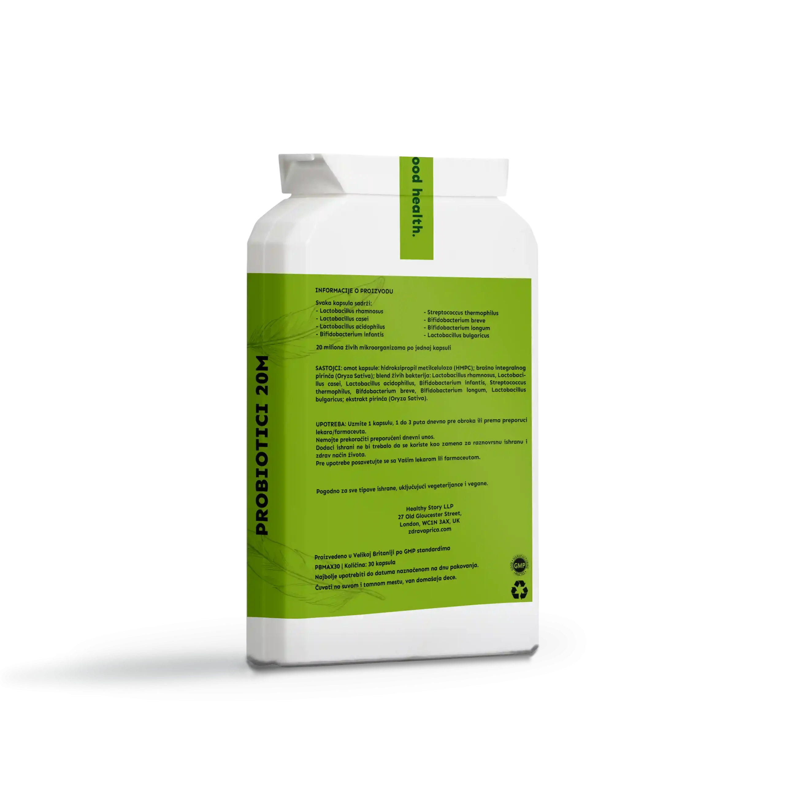 Zadnja etiketa Probiotici 20M 30 kapsula Zdrava Priča – sastav sa Lactobacillus rhamnosus, L. acidophilus, Bifidobacterium breve, B. longum, B. infantis, Streptococcus thermophilus, L. casei i L. bulgaricus, preporučena doza 1 kapsula dnevno