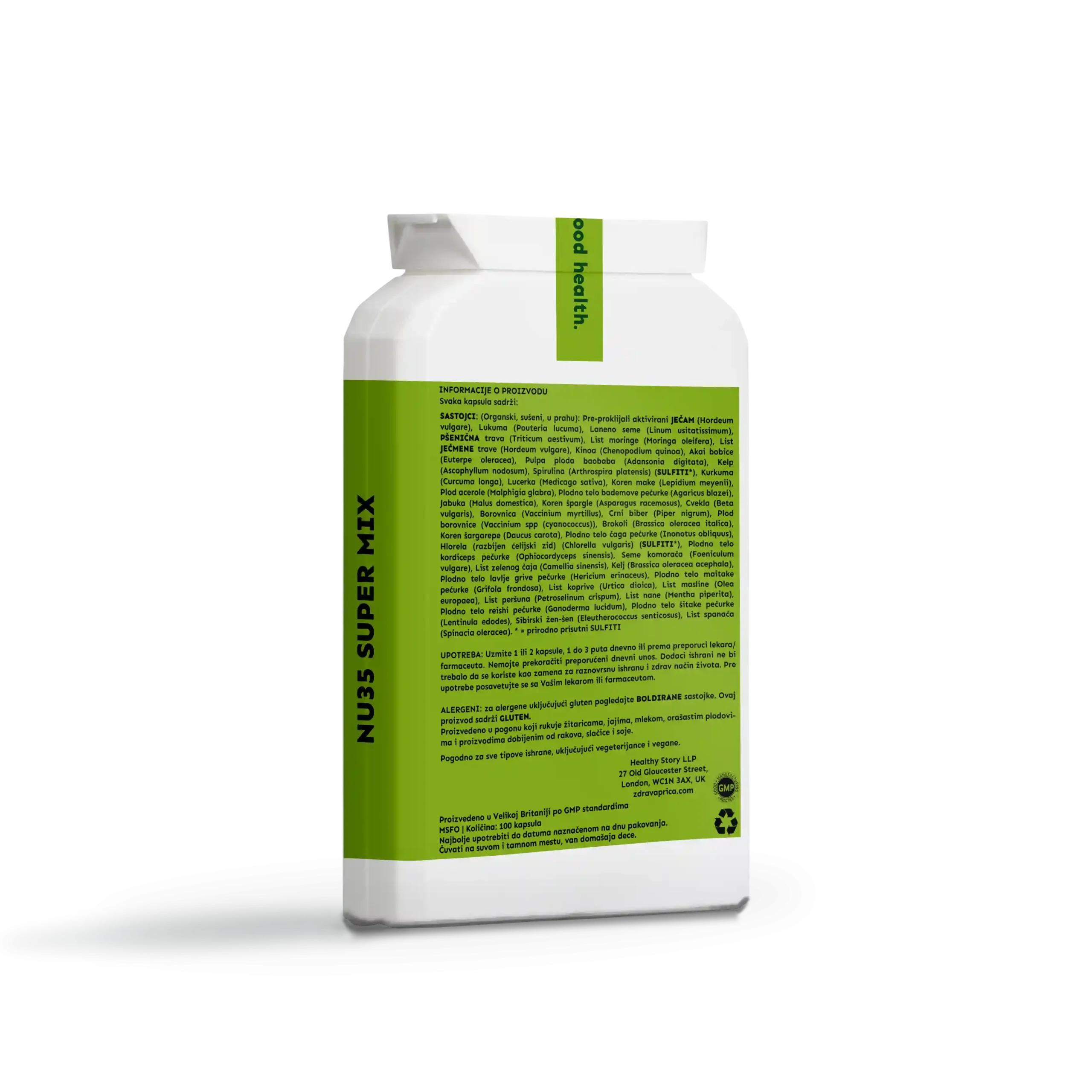 Zadnja etiketa NU35 Super Mix kapsule Zdrava Priča – sastav sa 35 organskih superhrana (ječam, spirulina, moringa, reishi, kurkuma, kelp, goji i drugi), preporučena doza 1–2 kapsule dnevno, vegan bez glutena