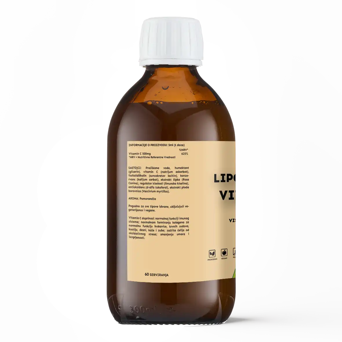 Zadnja etiketa liposomalni vitamin C 300 ml Healthy Story – sastav: prečišćena voda, vitamin C (natrijum askorbat) 500 mg po dozi, fosfatidilholin, ekstrakt šipka i borovnice, aroma pomorandže, preporučena doza 5 ml dnevno